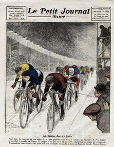 Seksdagesløbet: Piet van Kempen (1898-1985), Alfred Grenda, Seres og Maurice Brocco (1883-1965) under spurten. Indgravering i Le Petit Journal illustre, den 16/04/1922 af Anonymous Anonymous