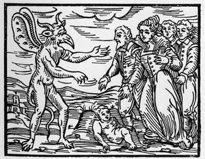 Troldmændene, der præsenterer et barn for djævelen - "" Compendium Maleficarum"", handler om hekse, deres ondskab og deres sortileges af Francesco Maria Guazzo eller Guaccio eller Guaccius (15?? -16??) 1608 privatsamling af Anonymous Anonymous