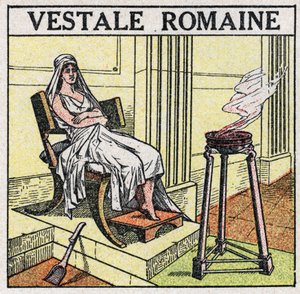Lyskilderne: en vestal i Romerriget for at opretholde en hellig ild, der aldrig må kunne slukkes. Anonym illustration fra 1925. Privat samling. af Anonymous Anonymous