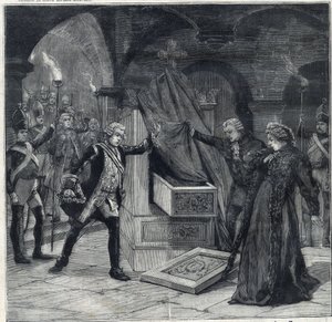 Scenen af kældre i stykket "" Catherine of Russia"" på teatret af Cathelet Paul Ginisty (1855-1932) og Charles Samson (1894-1895). Gravering i "" Le Petro Parisien"" af Anonymous Anonymous