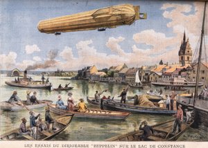 Testene af Zeppelin-luftskibet på Bodensøen i Tyskland. Gravering fra avisen "" Le Peute Parisien"", den 2/08/1908. Privat samling. af Anonymous Anonymous