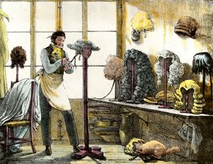 Parykken styler en paryk af en catogan, herrefrisør. Gravering fra spejlshows, breve, medicin osv. Kunsten”” 1821-1823 Privat samling af Anonymous Anonymous