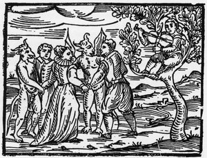 Heksene på sabbatten, der danser til lyden af violinen - "Compendium Maleficarum", handler om heksene, deres ondskab og deres sortileges af Francesco Maria Guazzo eller Guaccio eller Guaccius (15?? -16??) 1608 Privatsamling af Anonymous Anonymous