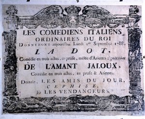 Teaterplakat, der præsenterer stykket "The dot" og "The jealous lover"" fremført af italienske komikere, 01/09/1788. Paris. Carnavalet Museum af Anonymous Anonymous