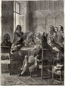 Ryswick-traktaten (Ryswick-traktaten, 30. oktober 1697) (afslutningen på krigen i Augsburg-forbundet mellem Ludvig XIV og Den Store Alliance). Indgravering af det 19. århundrede. Privat samling. af Anonymous Anonymous