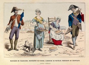 Paraplyhandler, blomsterhandler, madraskarde- og bælghandler i Paris i det 18. århundrede - Paraplysælger, blomstersælger, karder- og bælgesælger hos Paris 18th Century - privat samling af Anonymous Anonymous