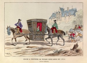 Une chaise à porter de voyage sous le reign du roi Louis XIV (1715) - Sedan stol båret af heste under kong Louis XIV af Frankrigs regeringstid af Anonymous Anonymous