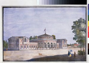 En jernbanestation og en fransk restaurant i Catharinhof (Jernbanestation og fransk restaurant i Catharinhof). Anonym litografi, farvelagt i akvarel, 22 x 33 cm af Anonymous Anonymous