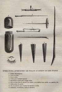 Forskellige redskaber, som forkattene bærer, når de flygter. Indgravering i "Historien om fængslerne fra deres skabelse til i dag"" (1877) af Pierre Zaccone (1817-1895) (Colonia Penale - Straffekoloni) af Anonymous Anonymous