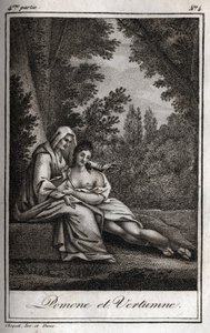 Vertumne og Pomone (Jupiter og Ceres): Vertumne, forelsket i nymfen Pomone, forklæder sig som en gammel kvinde for at henvende sig til hende. Stik fra 1819 i "Lettres a Emilie sur la mythologie" af Charles Albert Demoustier (1760-1801). Privat samling. af Anonymous Anonymous