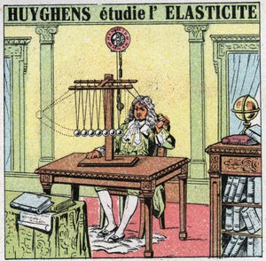 Vibrerende bevægelser: Christiaan Huygens (1629-1695) studerer materialets elasticitet ved at observere elfenbensperler. Anonym illustration fra 1925. Privat samling. af Anonymous Anonymous