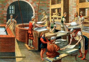 Udsigt over et papirfremstillingsværksted i Fabriano i det 16. århundrede, Italien. De forskellige trin. Illustration. Privat samling - Et papirfremstillingsværksted i Fabriano (Italien) af Anonymous Anonymous