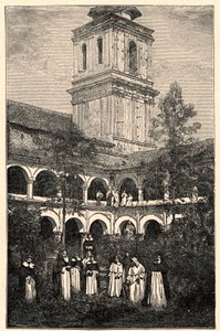 Udsigt over det dominikanske kloster i Quito, Ecuador. Indgravering i "The Catholic Missions in the XIXth Century"" af Louis-Eugene (Louis Eugene) Louvet. privat samling. af Anonymous Anonymous