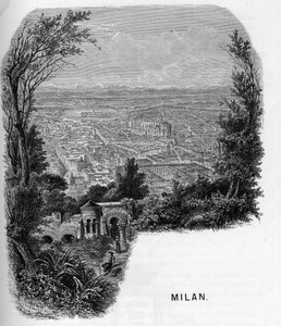 Udsigt over byen Milano (Milano), Italien. Indgravering af 1859 i "" les galeries de l