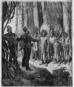 Voyage of Henri Coudreau (1859-1899), professor i geografi og opdagelsesrejsende i det indiske territorium Guyana - han modtog fra Roucouyan-kokke - indgravering i "Journal des voyages" fra 1889. af Anonymous Anonymous