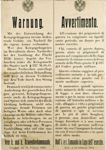 Advarsel efter flugten af italienske krigsfanger den 16. februar 1916, der bad den østrigske befolkning om ikke at hjælpe dem (gravering af Anonymous Anonymous