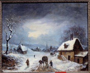 Vinterlandskab. En vogn på en snedækket vej. Anonymt maleri. 1800-tallets privatsamling af Anonymous Anonymous