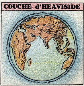 Trådløs telegrafi: Heaviside lag, et lag af jordens atmosfære, der indeholder elektroner, har en mere eller mindre fri tilstand. Anonym illustration fra 1925. Privat samling. af Anonymous Anonymous