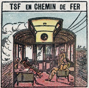 Trådløs telefoni: T.S.F. i en jernbanevogn. Anonym illustration fra 1925. Privat samling. af Anonymous Anonymous