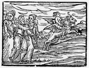 Heks rider på en ged - "" Compendium Maleficarum"", handler om hekse, deres ondskab og deres sortileges af Francesco Maria Guazzo eller Guaccio eller Guaccius (15?? -16??) 1608 privatsamling af Anonymous Anonymous