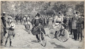 Kvinders race af velocipedists ved Bois de Boulogne nær Paris. Indgravering i "" Le Petit Parisien"" den 25/06/1893. af Anonymous Anonymous