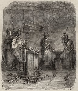 Arbejderstyrker ved Rochefort Bagne i det 19. århundrede. Indgravering i "Fangernes historie fra deres skabelse til i dag"" (1877) af Pierre Zaccone (1817-1895) (Colonia Penale - Straffekoloni). Privat samling. af Anonymous Anonymous