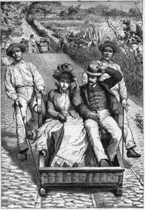 carros de cesto på Madeira 1893 - Les corinhos (carrieros) a Madeira (Madeira) - mænd, der guider et sæde to steder på roulette (un corinho). indgravering i ""Rejsetidsskrift""" 1893 af Anonymous Anonymous