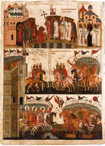Kamp mellem novgorodianerne og suzdalianerne, midten af det 15. århundrede. af Anonymous Russian icon painter