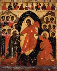 Nedstigningen til helvede med Deesis og udvalgte hellige, slutningen af det 14. århundrede. af Anonymous Russian icon painter