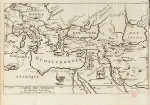 Kort over Taverniers rejser i Europa, Persien, Tyrkiet, 1600-tallet. af Anonymous master.