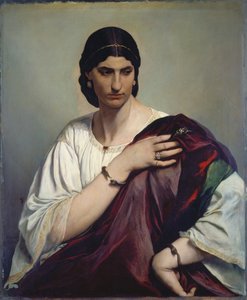Lucrezia Borgia; Portræt af en romersk kvinde i hvid tunika og rød kappe, ca. 1862-66 (olie på lærred) af Anselm Feuerbach