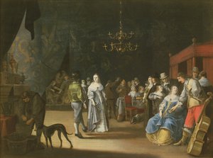 Banketten, et par danser med fest og fest i baggrunden af Anthonie Palamedesz