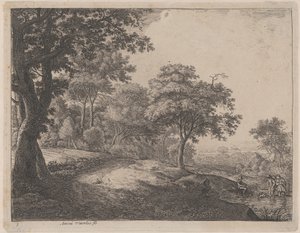 En mand og en kvinde krydser en strøm, 1600-tallet.