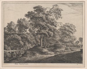 En bondekvinde og datter på en lille træbro, 1600-tallet. af Anthonie Waterloo