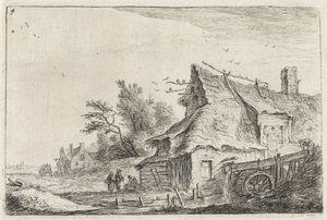 Udsigt til landsbyen med en vandmølle Landskaber med bygninger (serietitel) af Anthonie Waterloo