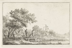 Tre fiskere på en bro Landskaber med bygninger (serietitel) af Anthonie Waterloo