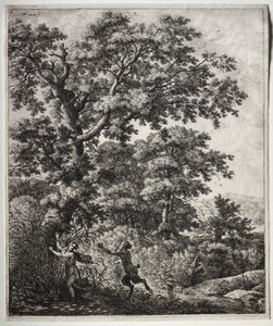 Seks store opretstående landskaber med scener fra Ovids Metamorphoses: Pan and Syrinx af Anthonie Waterloo