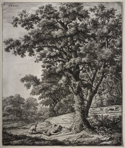 Seks store opretstående landskaber med scener fra Ovids Metamorphoses: The Death of Adonis af Anthonie Waterloo