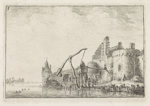 Bymur set fra vandet Landskaber med bygninger (serietitel) af Anthonie Waterloo