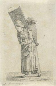 Kvinde fra Luxembourg med en kurv på ryggen Luxembourg grøn kvinde (titel på objekt) Landmænd og kvindelige landmænd fra Det Forenede Kongerige Holland (serietitel) af Anthonie Willem Hendrik Nolthenius de Man