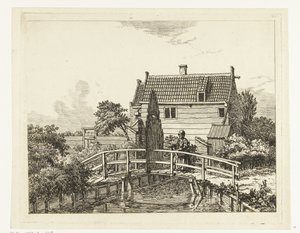 Jan Hanzenpad uden for Raampoort (titel på objekt) Kvinde med barn på en bro nær en lukket port af Anthonie van den Bos