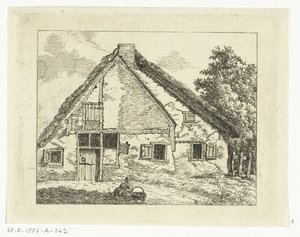 Kvinde med kurv siddende foran et hus af Anthonie van den Bos