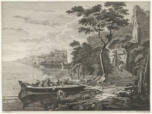 Figurer ved en pram i et bjerglandskab af Anthonij van der Haer