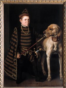 Portræt af dværgen af kardinal Granvelle, minister for Charles V. Maleri af Anthonis Moor Van Dashorst Anthonis dit Antonio Moro (1517-1575/76). 16. århundrede. Svag. 1,26x0,92 m. - Potræt af dværgen af kardinal de Granvelle, minister for Charles V.
