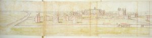 Hampton Court Palace fra nord, ca. 1544 (pen, blæk og wc på papir) af Anthonis van den Wyngaerde