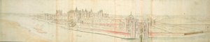 Hampton Court Palace fra floden, ca. 1544 (pen, blæk og wc på papir)