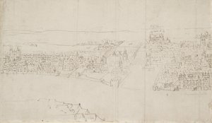 Panorama over London set fra Southwark: Durham House til Barnards Castle (pen og blæk over sort kridt på papir) af Anthonis van den Wyngaerde