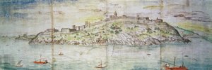 Panoramaudsigt over Tarragona, Spanien (pen og blæk og wc på papir) af Anthonis van den Wyngaerde