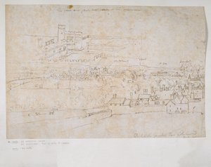 Ark med studier af paladserne i Hampton Court og Richmond og det omkringliggende landskab af Anthonis van den Wyngaerde
