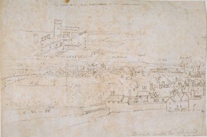 Ark med studier af Palaces of Hampton Court, Richmond og det omkringliggende landskab, c1560
